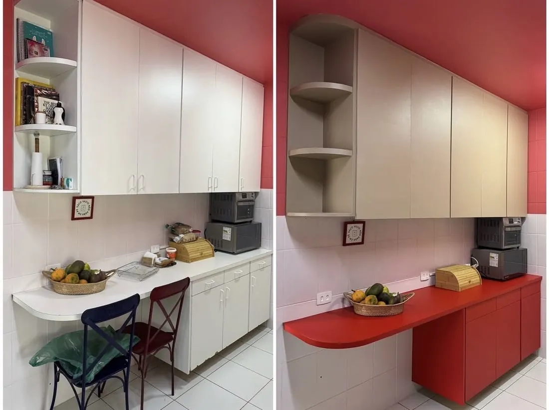 Armários de cozinha antes em branco e depois envelopados em bege e vermelho